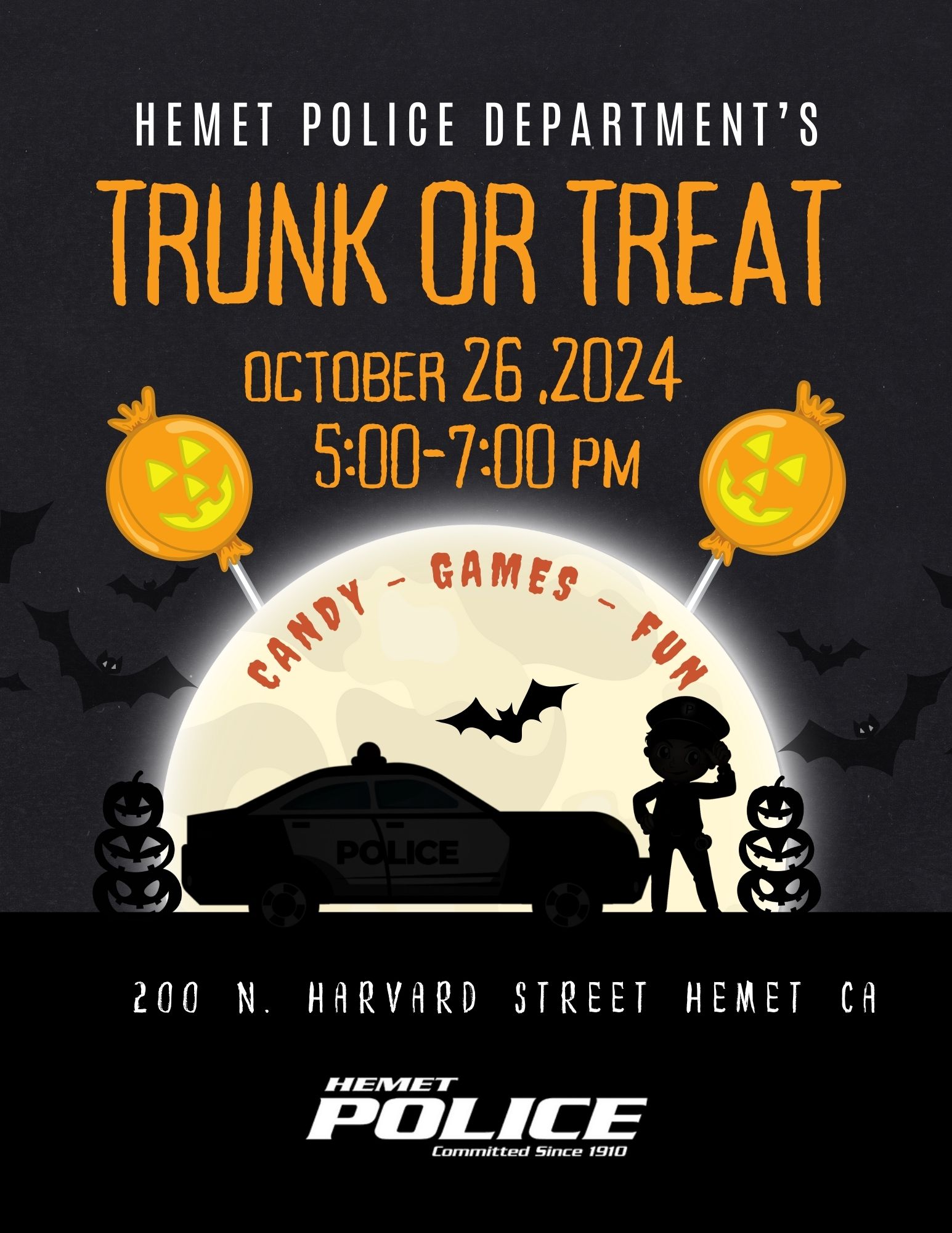 HEMET POLICE DEPARTMENT TRUNK OR TREAT FLYER OCTOBER 26 2024 FROM 5-7 PM 